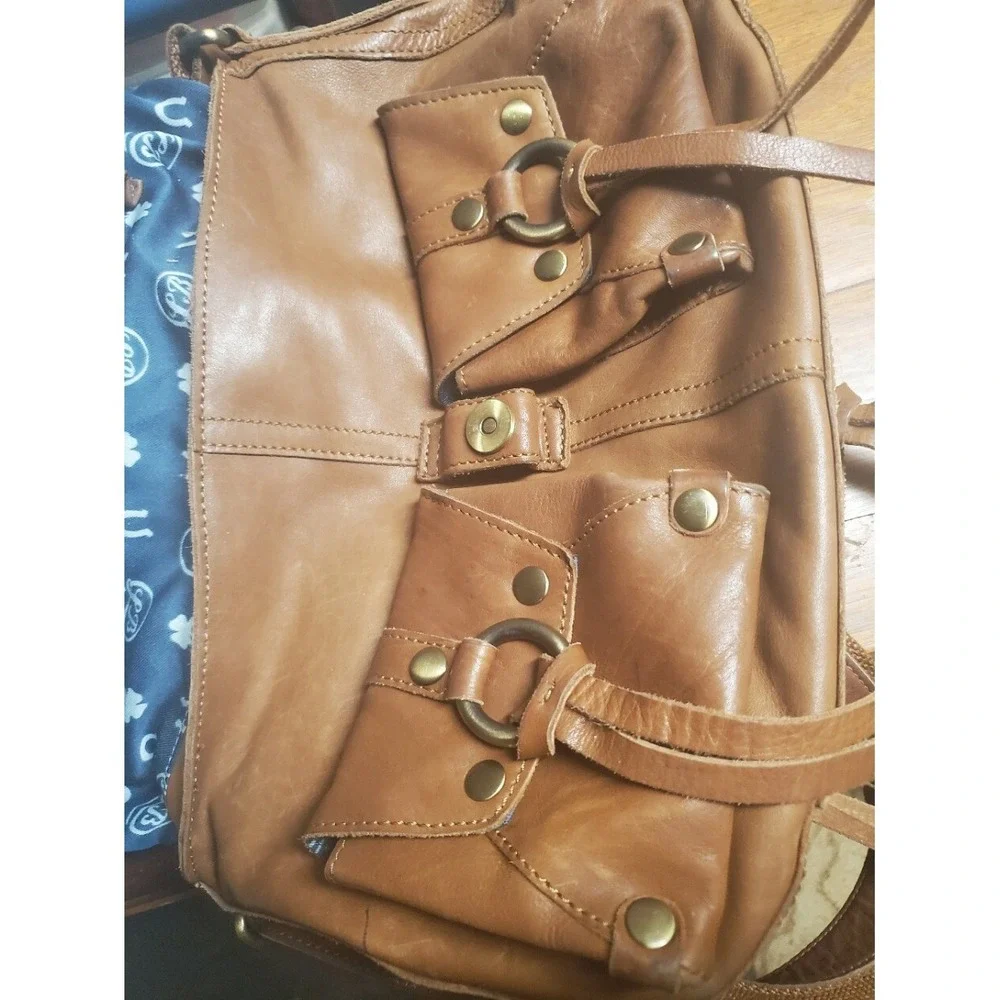 Lucky Brand‎ Tan Leather Studded Crossbody Messenger Bag Boho Tassel Brown